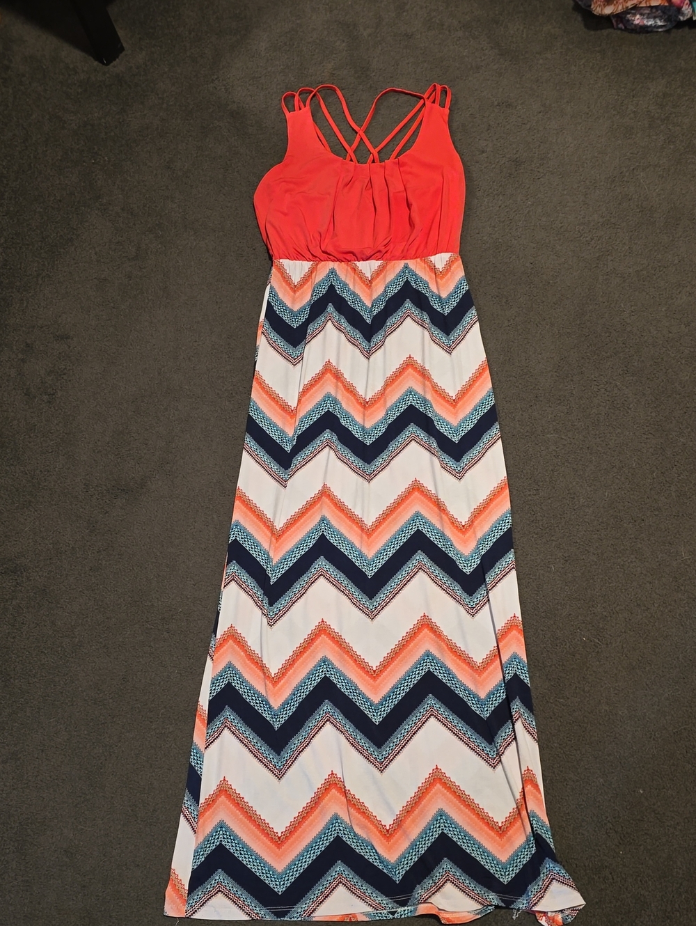 Three Hearts Coral and Navy Chevron Maxi Dress